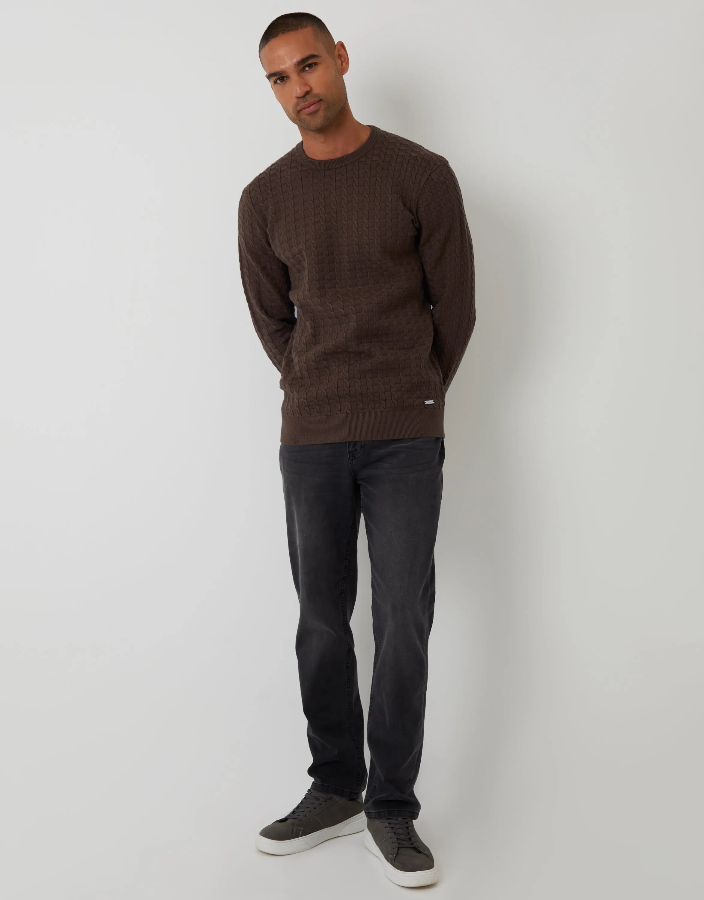 Brown Cable Knit Crew Neck Jumper sold by Threadbare product image thumbnail 3