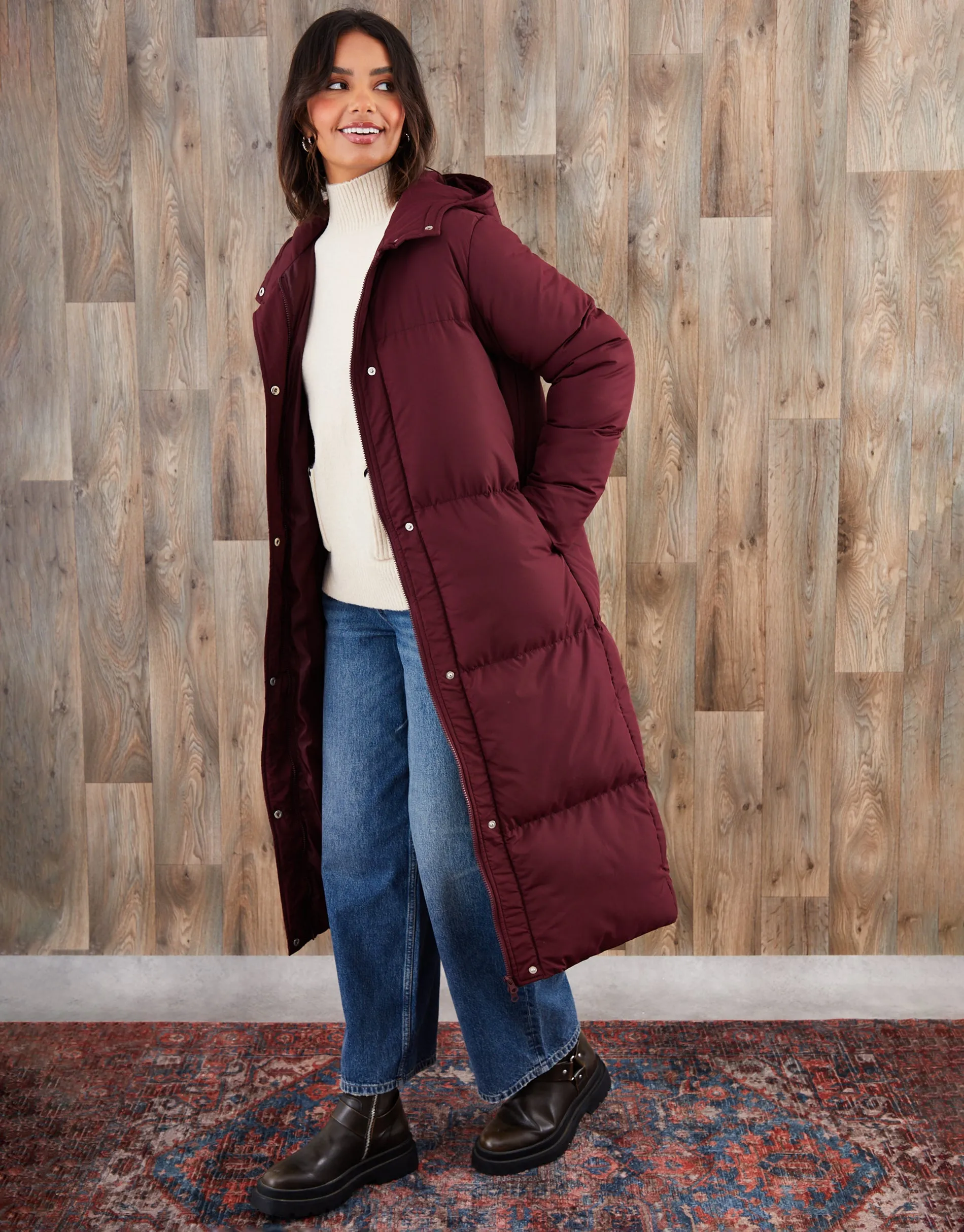Berry Red Petite Maxi Puffer Jacket sold by Threadbare