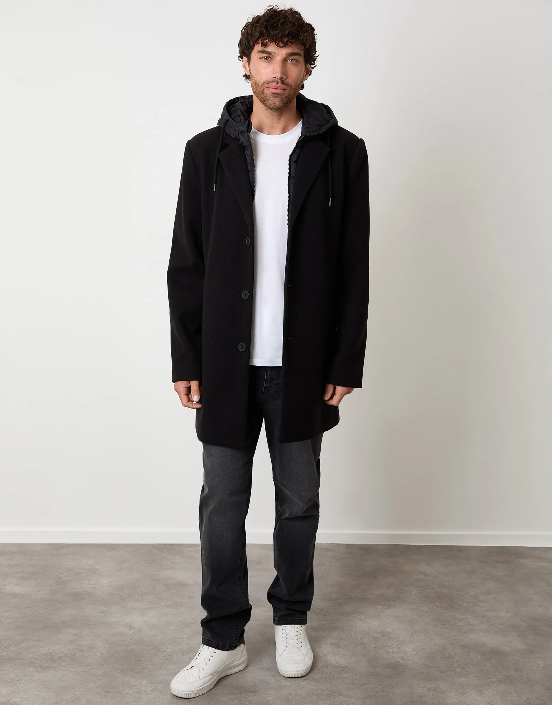 Black Faux Wool Mock Inner Hooded Longline Coat sold by Threadbare product image thumbnail 3