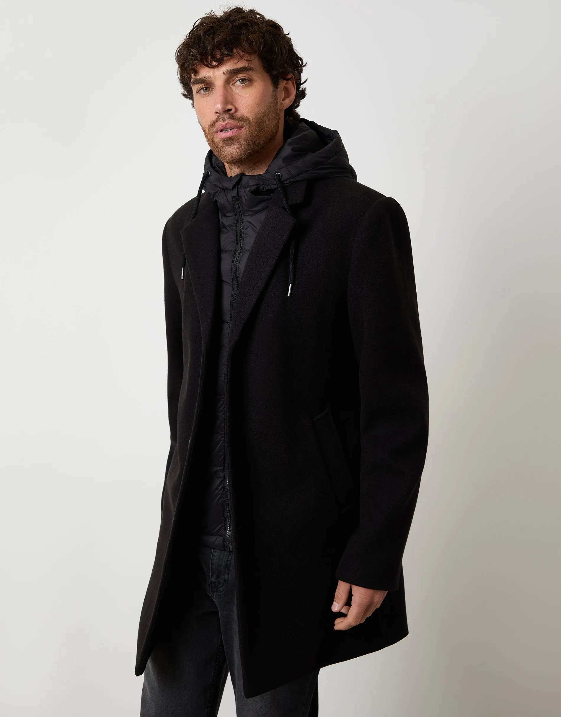 Black Faux Wool Mock Inner Hooded Longline Coat sold by Threadbare