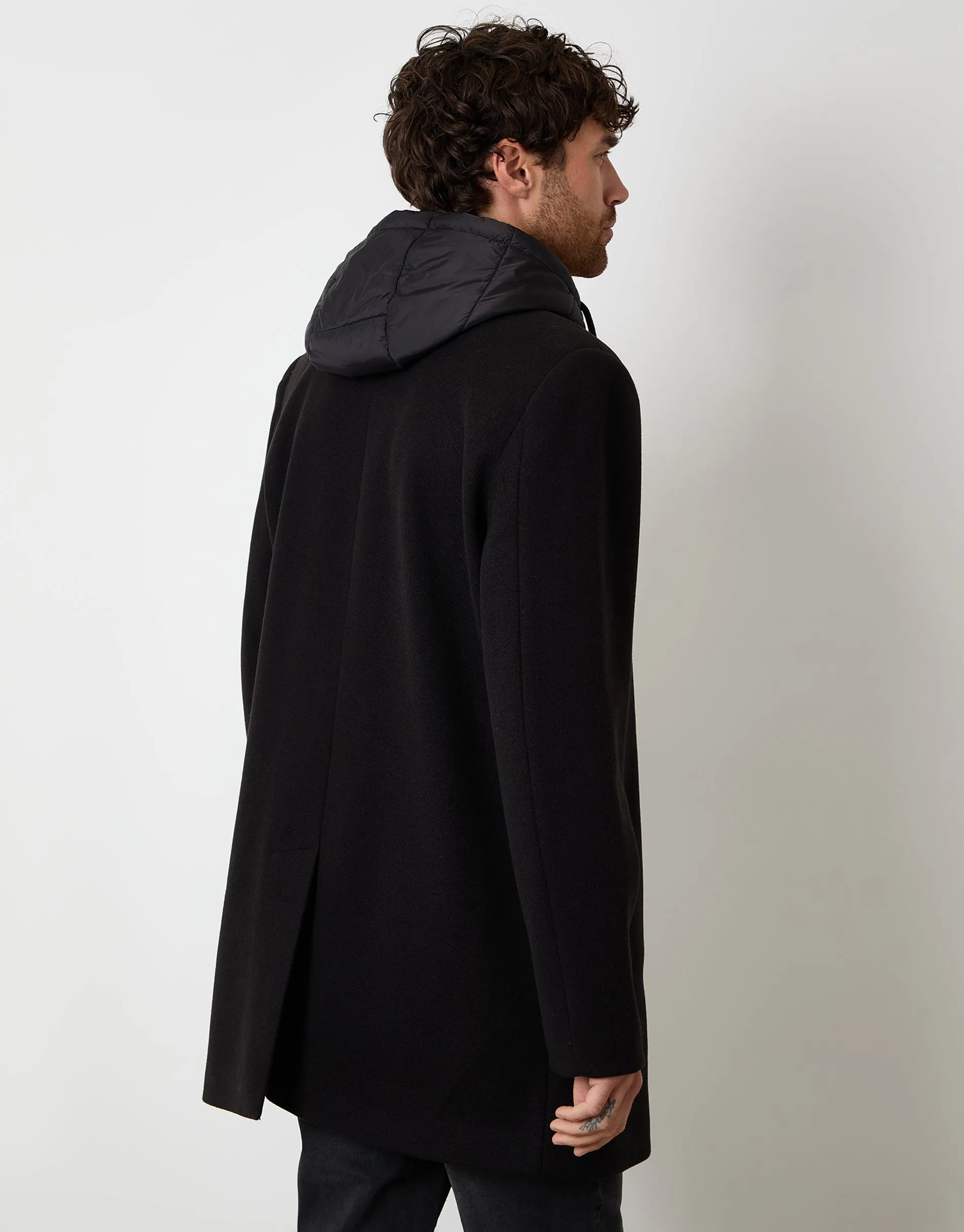 Black Faux Wool Mock Inner Hooded Longline Coat sold by Threadbare product image thumbnail 2