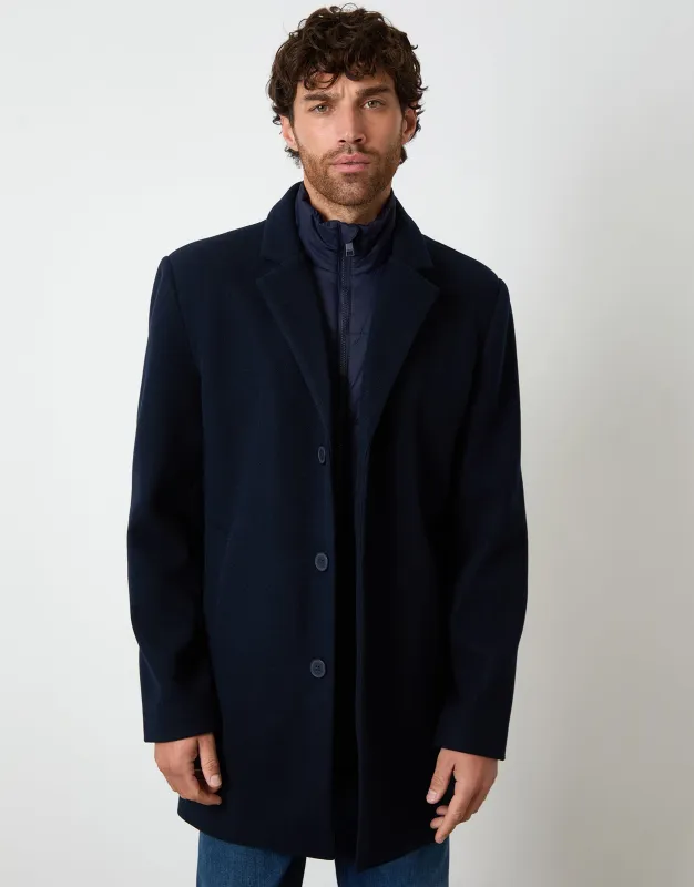 Navy Faux Wool Mock Layer Longline Mac sold by Threadbare