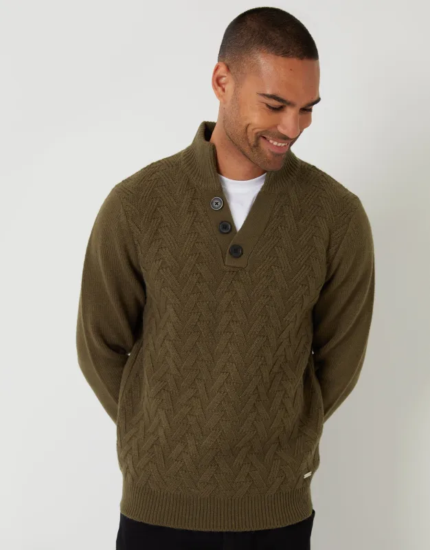 Khaki Green Mock Neck Funnel Neck Cable Knit Jumper sold by Threadbare