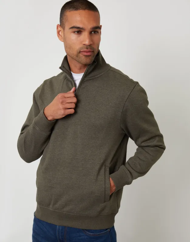 Khaki Green Marl Quarter Zip Sweatshirt sold by Threadbare