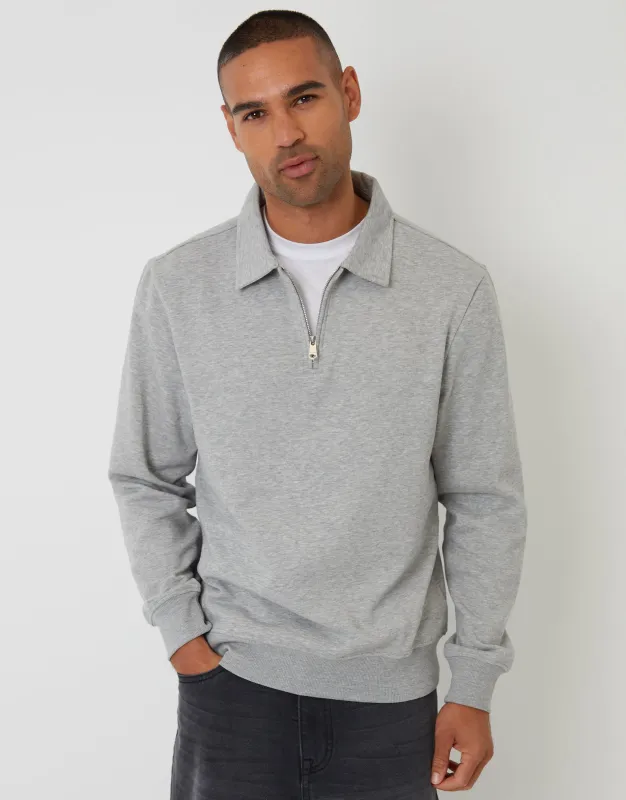 Grey Marl Quarter Zip Collared Sweatshirt sold by Threadbare