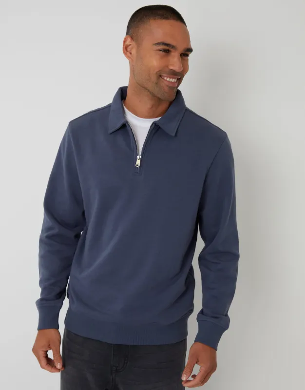 Denim Blue Quarter Zip Collared Sweatshirt sold by Threadbare