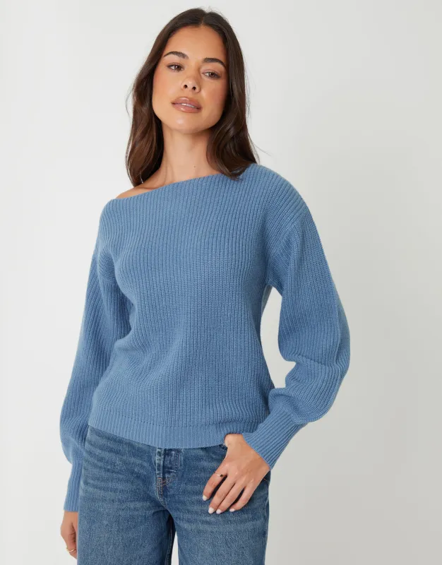 Blue Chunky Knit Slash Neck Jumper sold by Threadbare