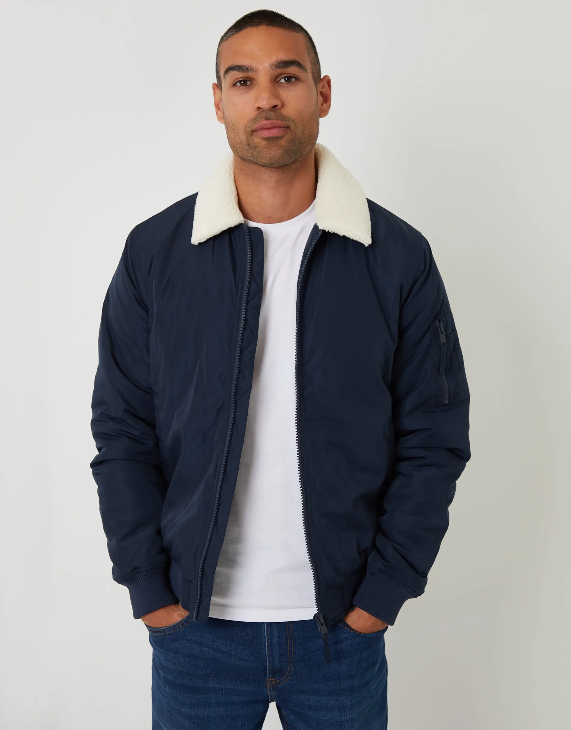 Navy Borg Collar Bomber Jacket sold by Threadbare