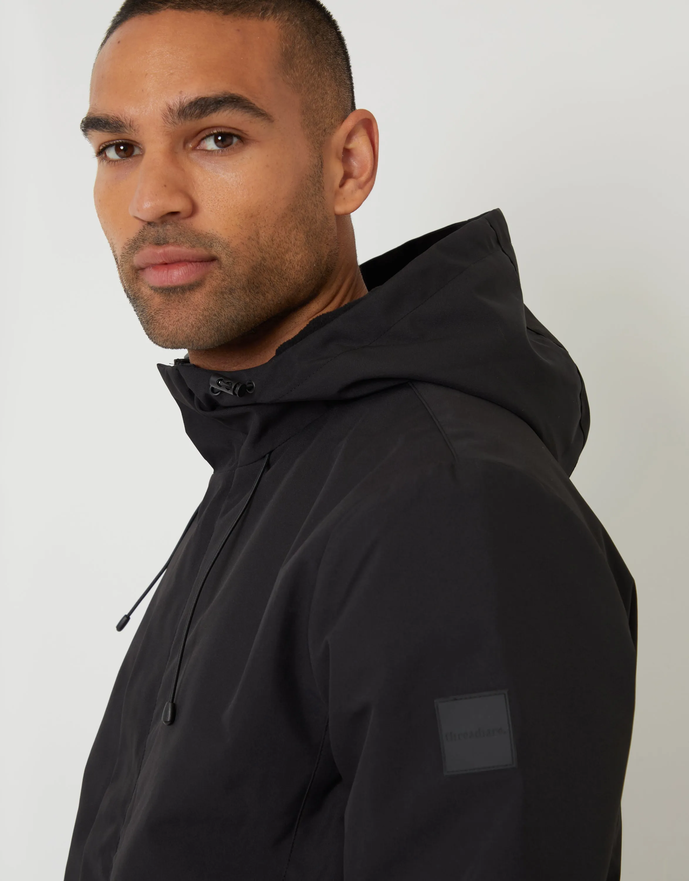 Black Showerproof Hooded Microfleece Lined Jacket sold by Threadbare product image thumbnail 4