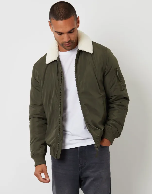 Khaki Green Borg Collar Bomber Jacket sold by Threadbare