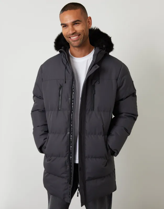 Slate Grey Showerproof Longline Quilted Parka Jacket sold by Threadbare