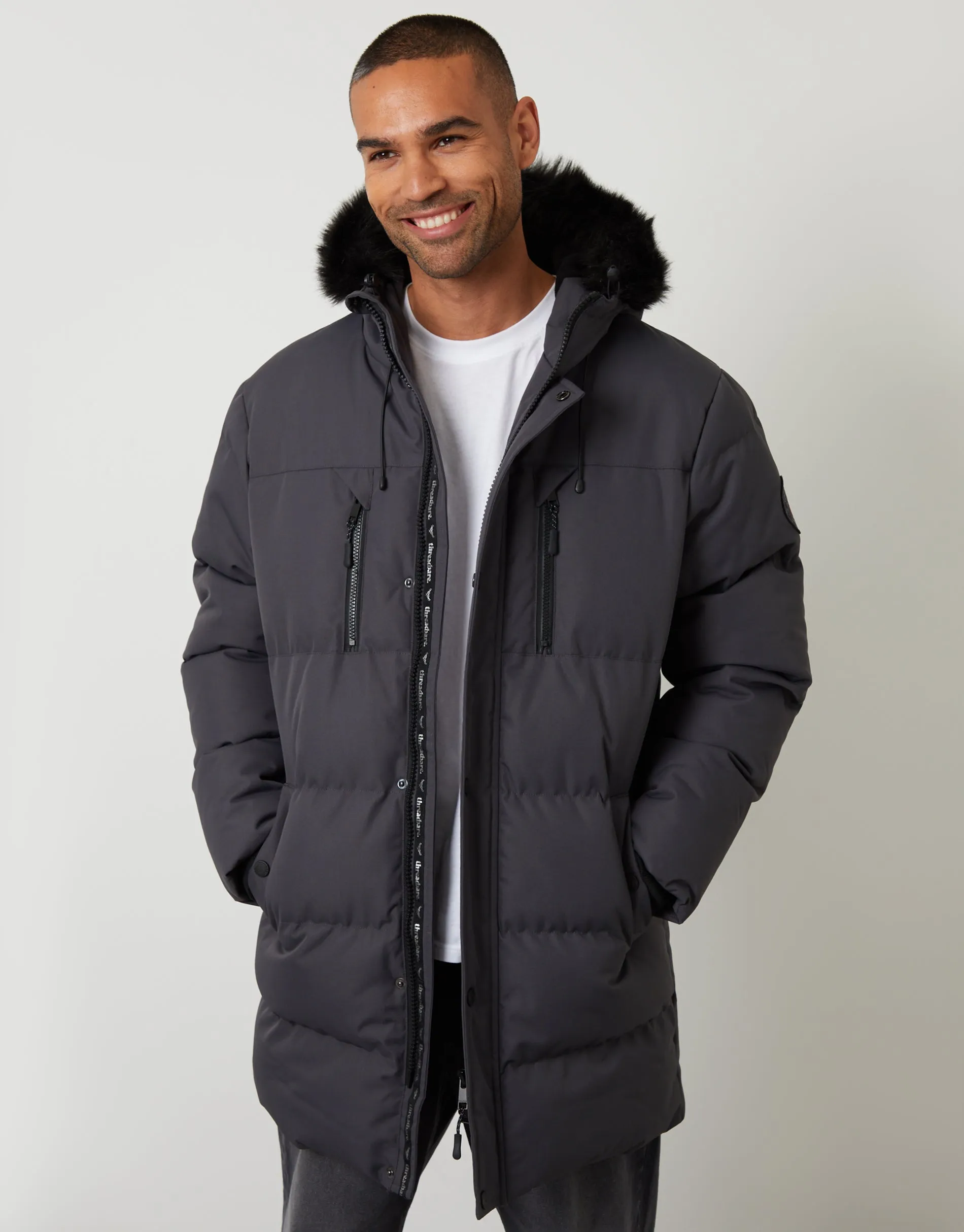 Slate Grey Showerproof Longline Quilted Parka Jacket sold by Threadbare