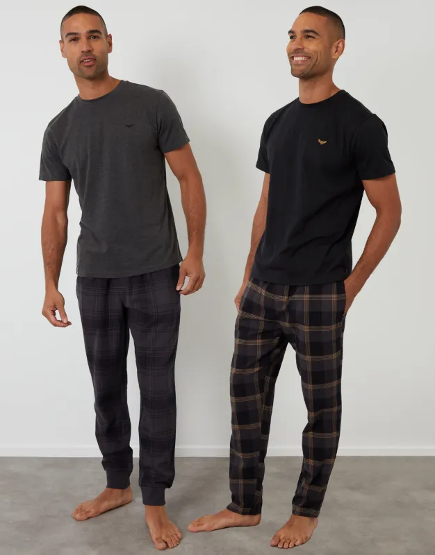 Black & Grey Short Sleeve T-Shirt & Check Pants Pyjama Set (2-Piece Set) (2 Pack) sold by Threadbare