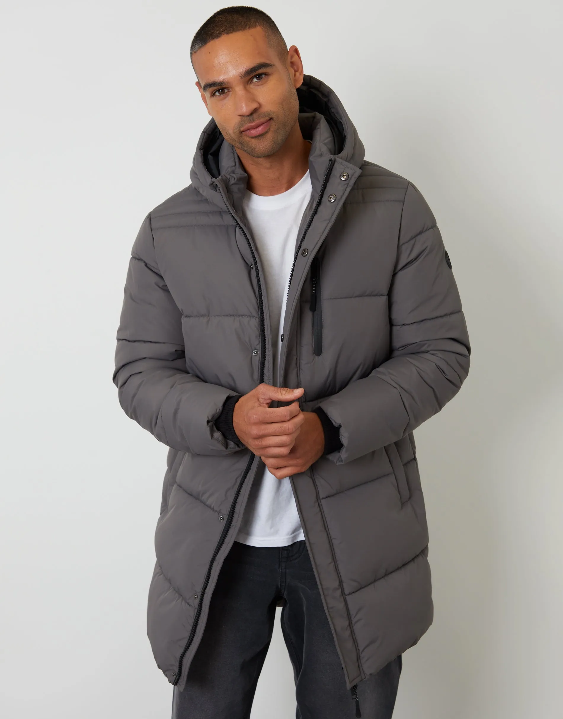 Slate Grey Showerproof Hooded Longline Puffer Jacket sold by Threadbare