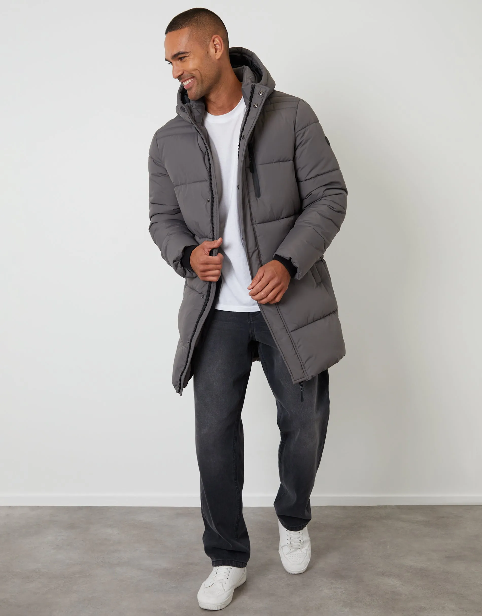 Slate Grey Showerproof Hooded Longline Puffer Jacket sold by Threadbare product image thumbnail 3