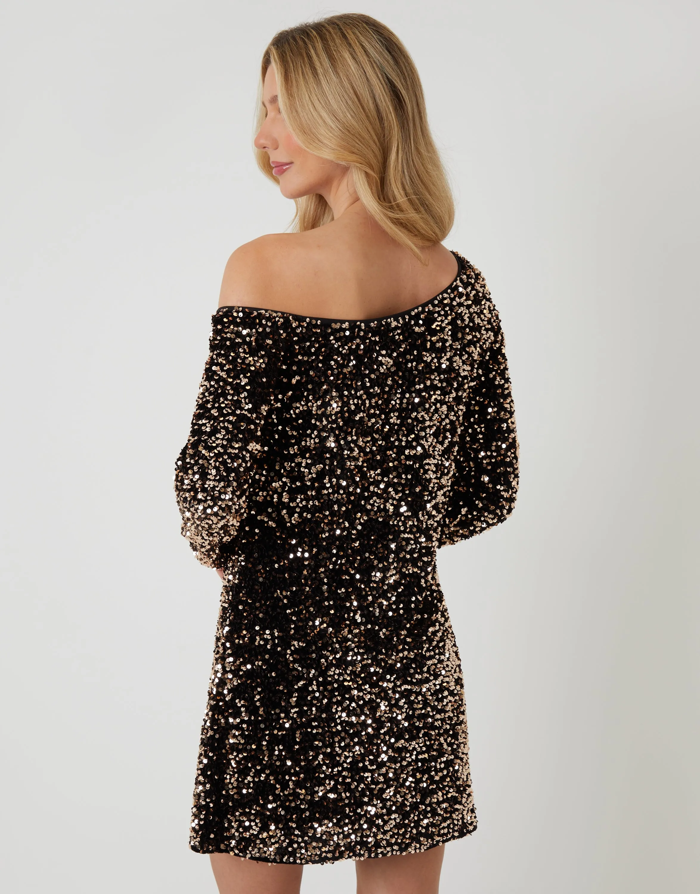 Bronze Sequin Velour Slash Neck Mini Dress sold by Threadbare product image thumbnail 3