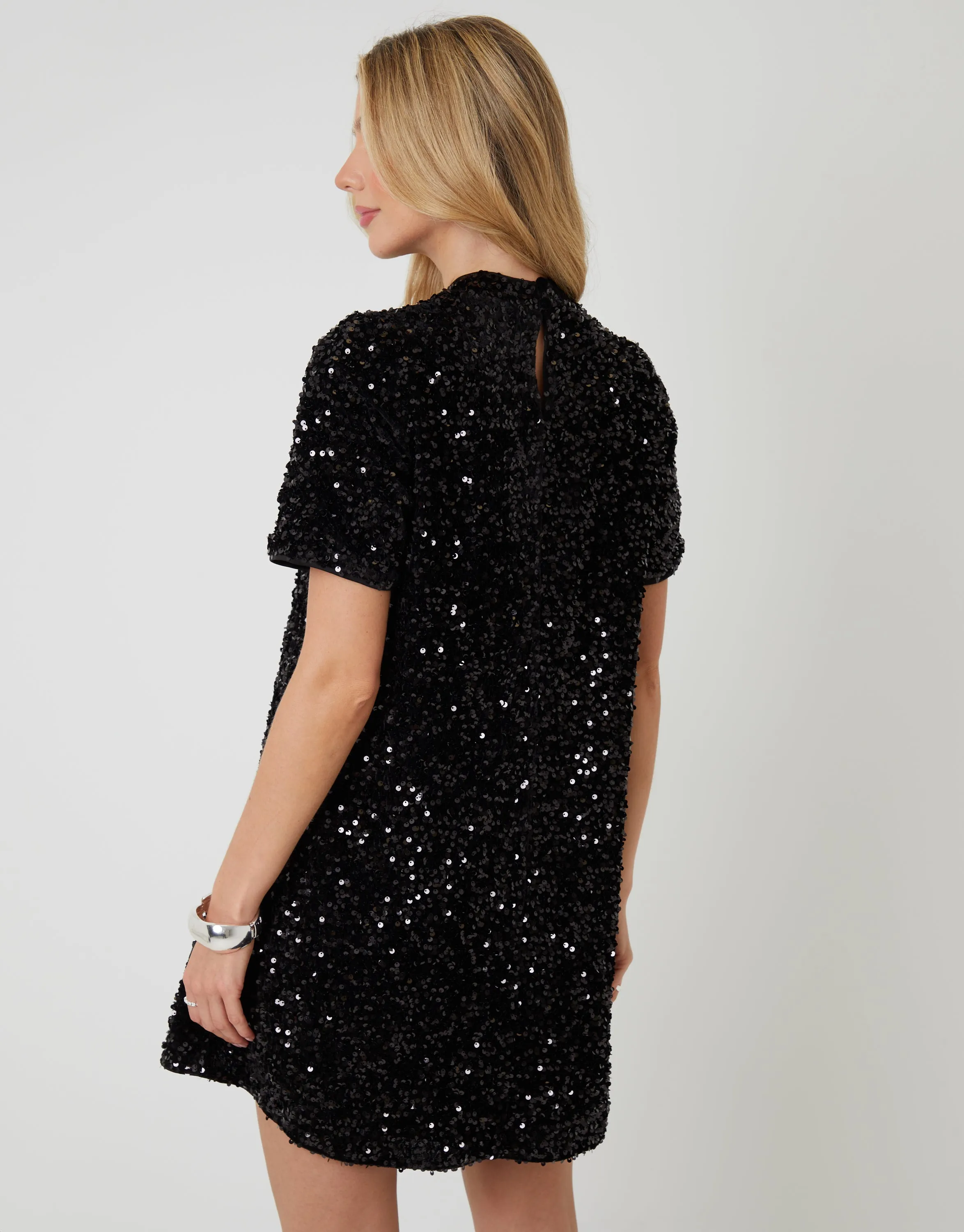 Black High Neck Sequin Velour Mini Dress sold by Threadbare product image thumbnail 3