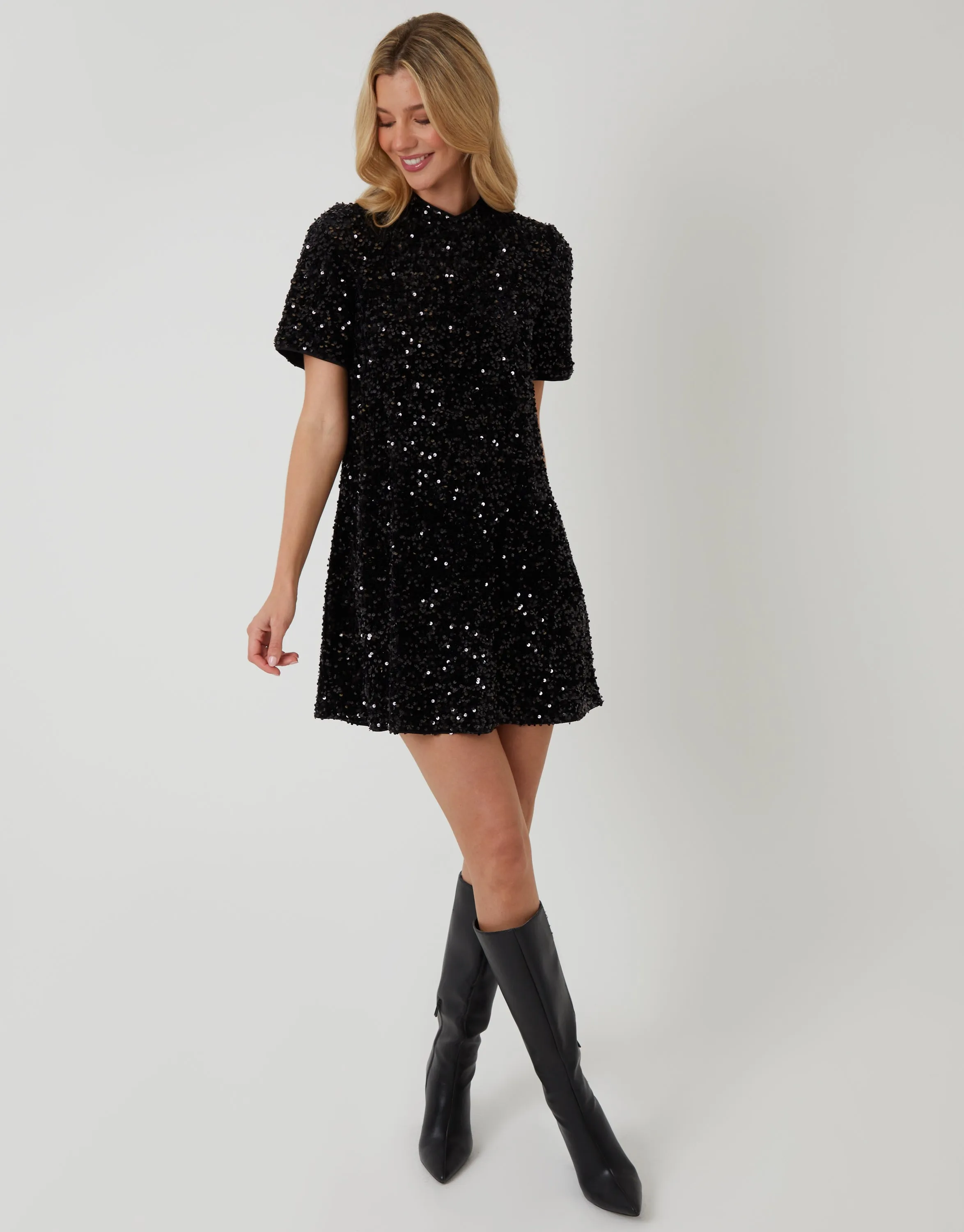 Black High Neck Sequin Velour Mini Dress sold by Threadbare product image thumbnail 4