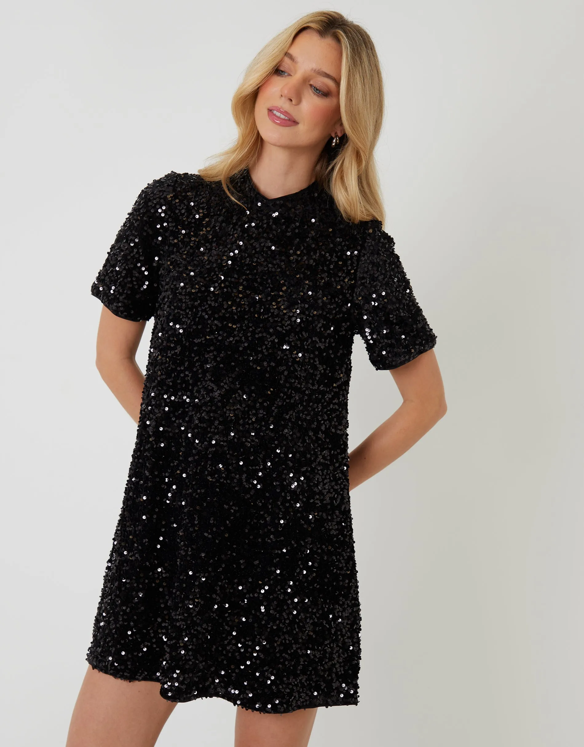 Black High Neck Sequin Velour Mini Dress sold by Threadbare product image thumbnail 2