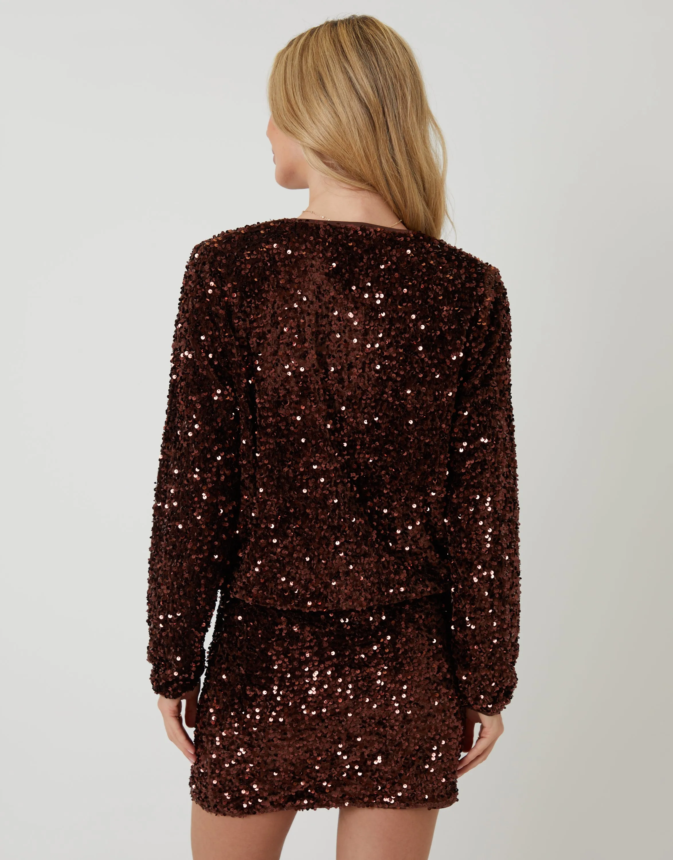 Chocolate Brown Sequin Zip Up Bomber Jacket sold by Threadbare product image thumbnail 3