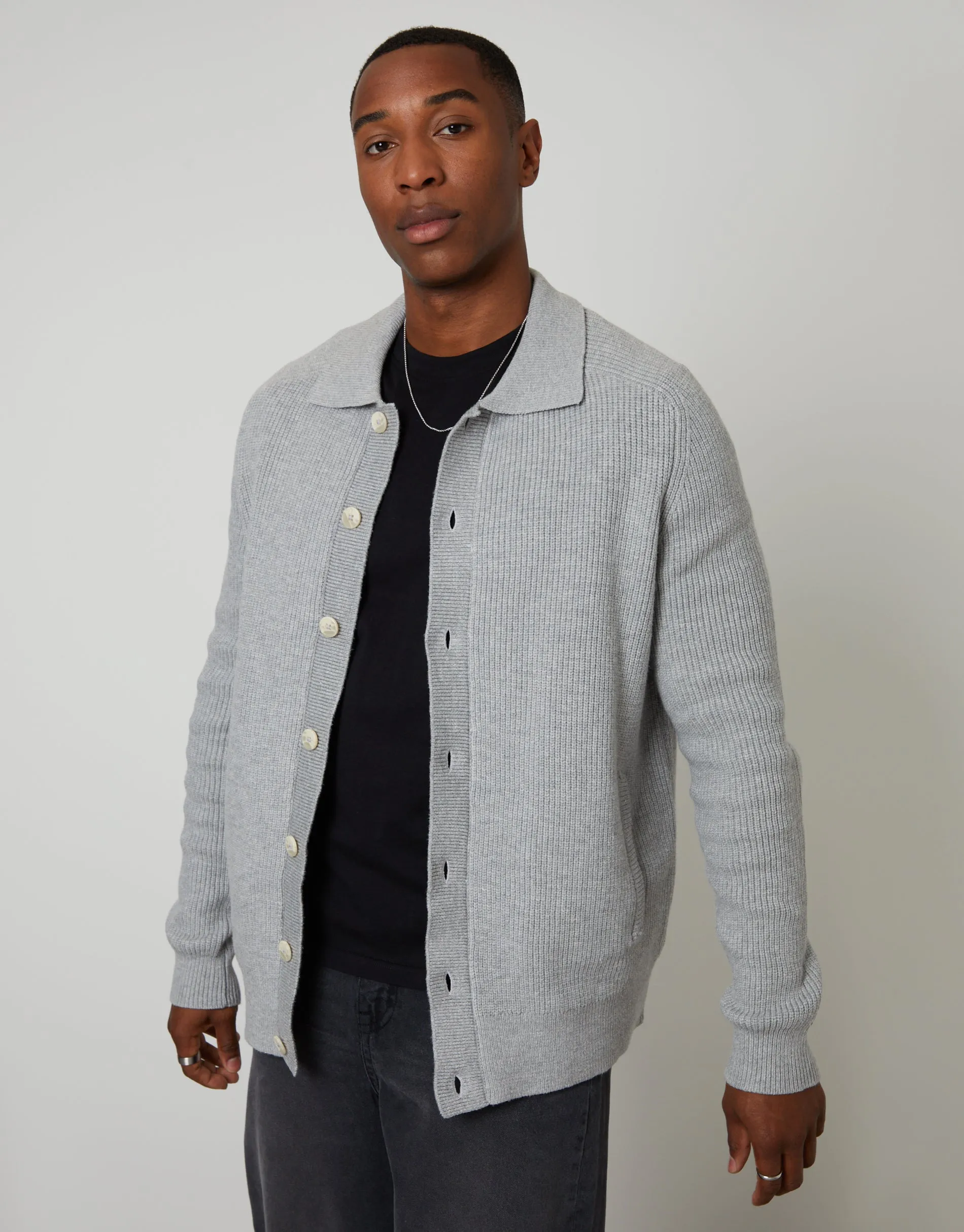 Grey Knitted Collared Cardigan Jacket sold by Threadbare