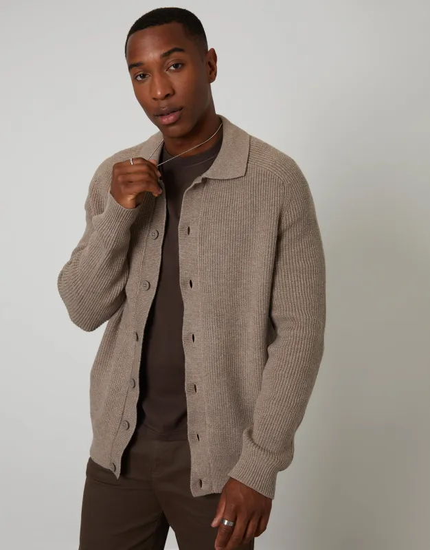 Taupe Knitted Collared Cardigan Jacket sold by Threadbare