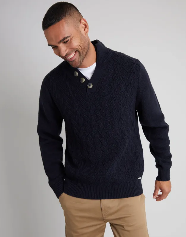 Navy Mock Neck Funnel Neck Cable Knit Jumper sold by Threadbare