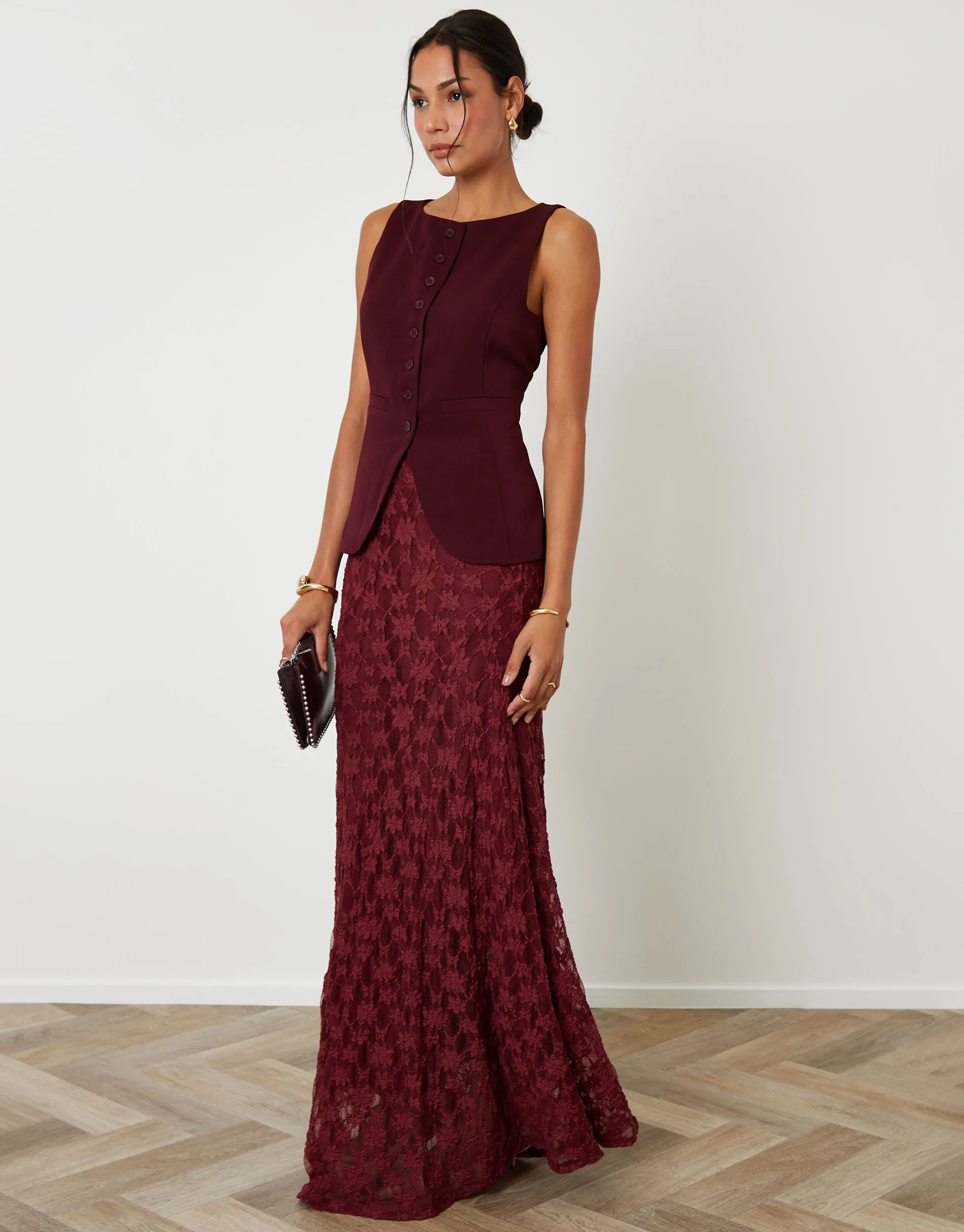 Berry Red Boat Neck Longline Waistcoat sold by Threadbare product image thumbnail 3