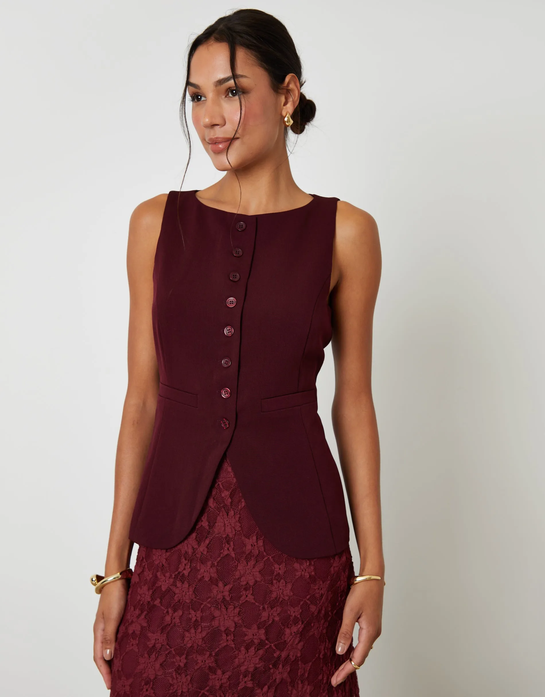 Berry Red Boat Neck Longline Waistcoat sold by Threadbare product image thumbnail 4