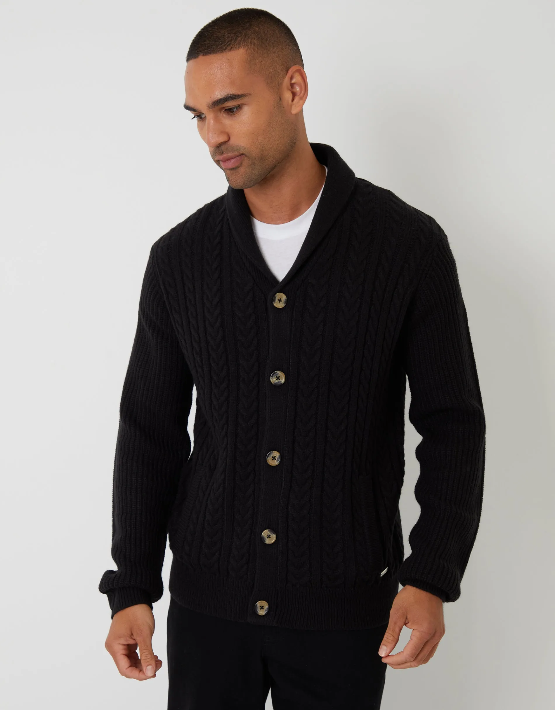 Black Cable Knit Shawl Cardigan sold by Threadbare