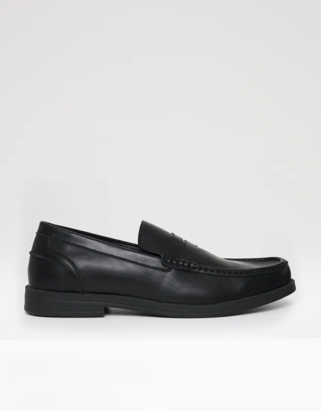 Black Faux Leather Penny Loafers sold by Threadbare