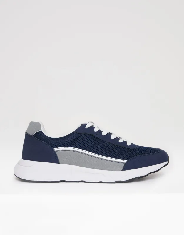 Navy Retro Mixed Material Trainers sold by Threadbare