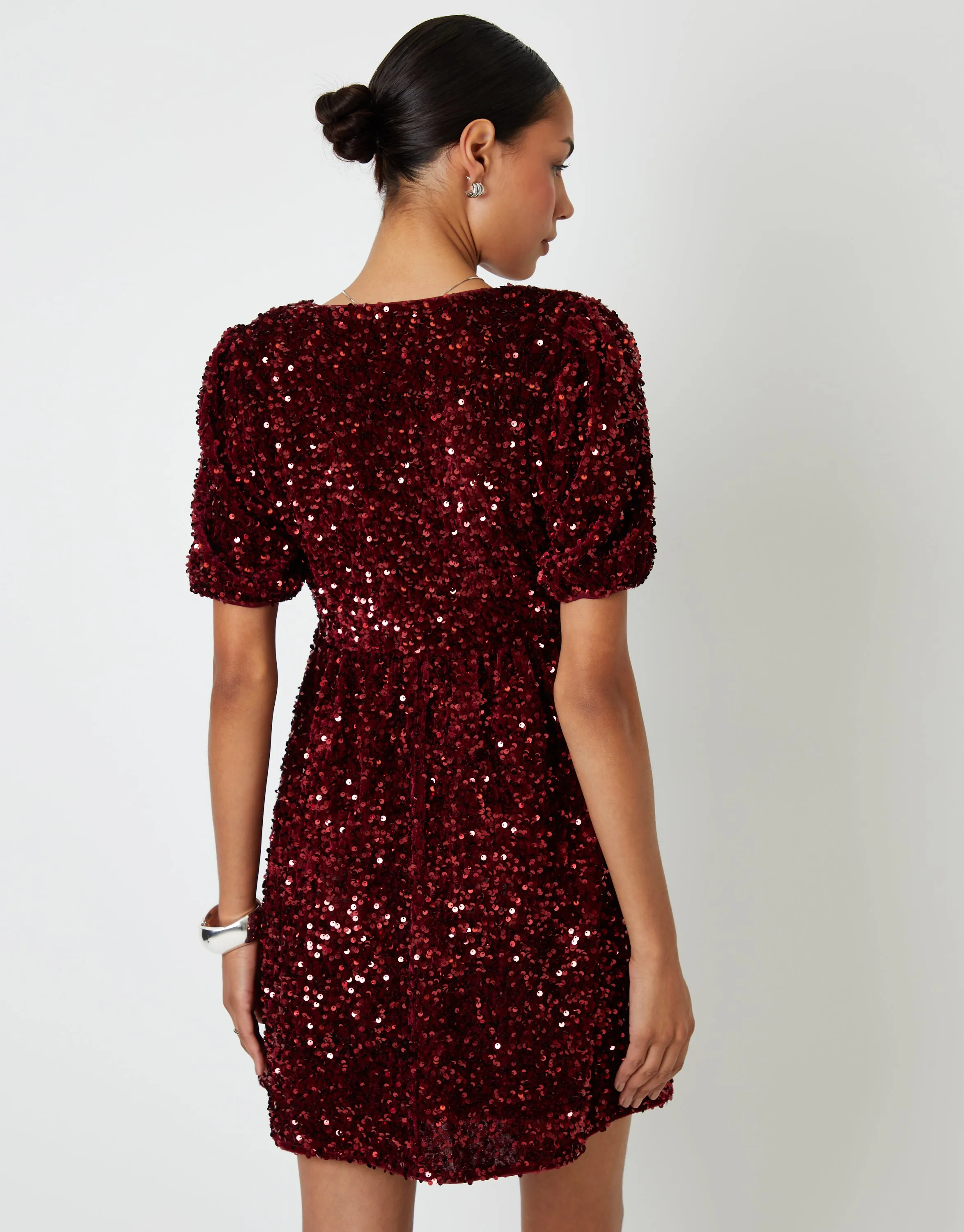 Berry Red Sequin Velour Bow Detail Mini Dress sold by Threadbare product image thumbnail 3