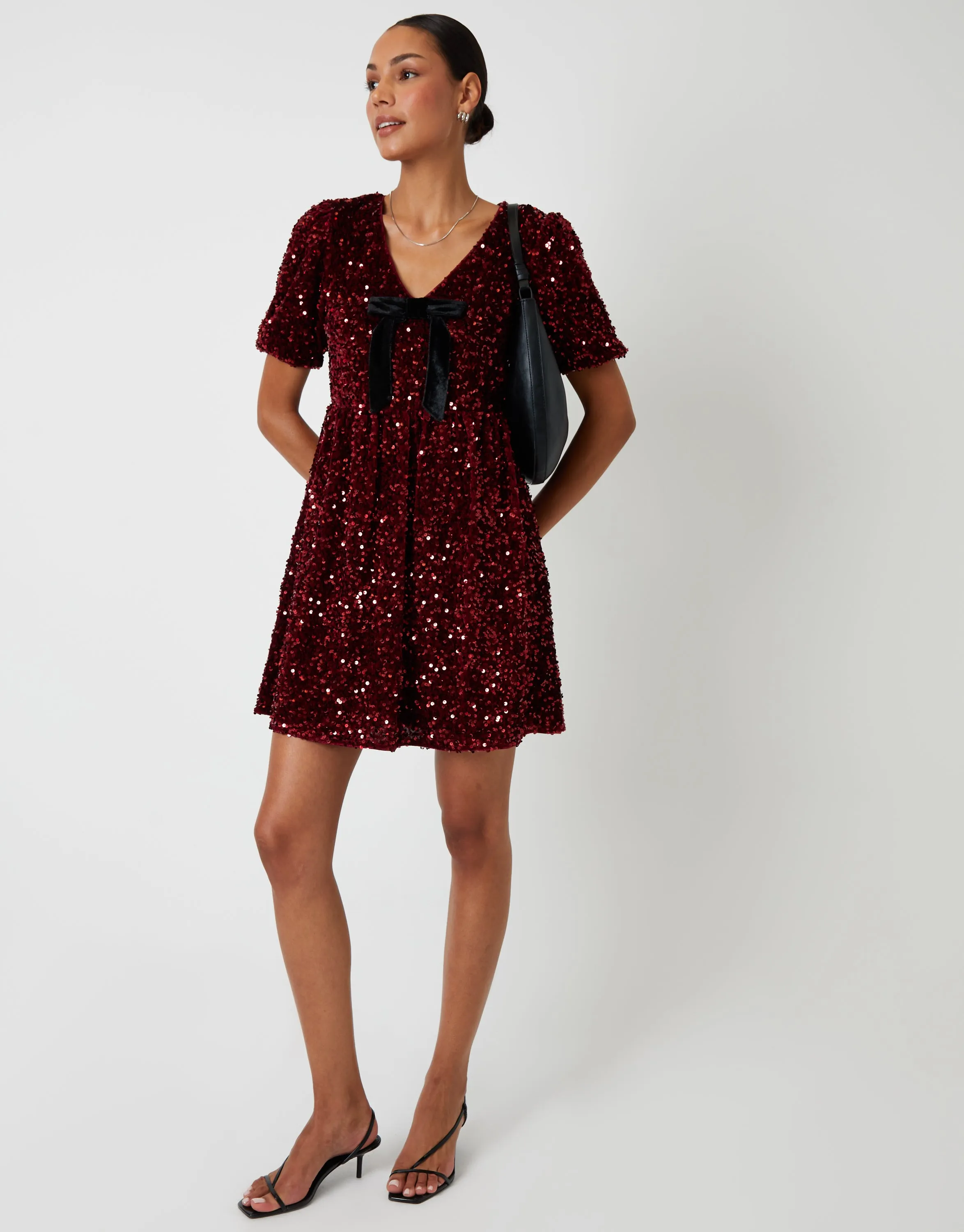 Berry Red Sequin Velour Bow Detail Mini Dress sold by Threadbare product image thumbnail 4