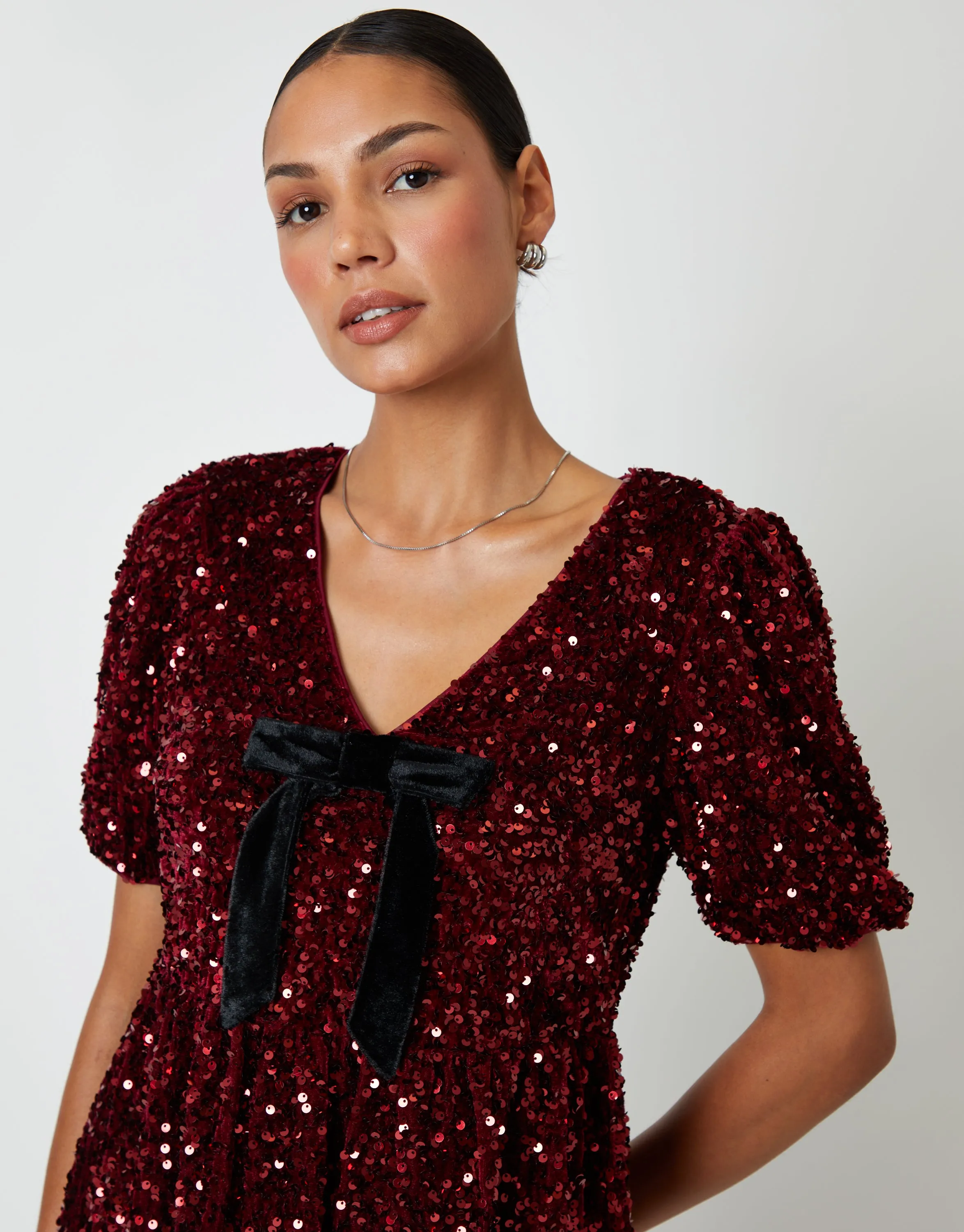 Berry Red Sequin Velour Bow Detail Mini Dress sold by Threadbare product image thumbnail 5