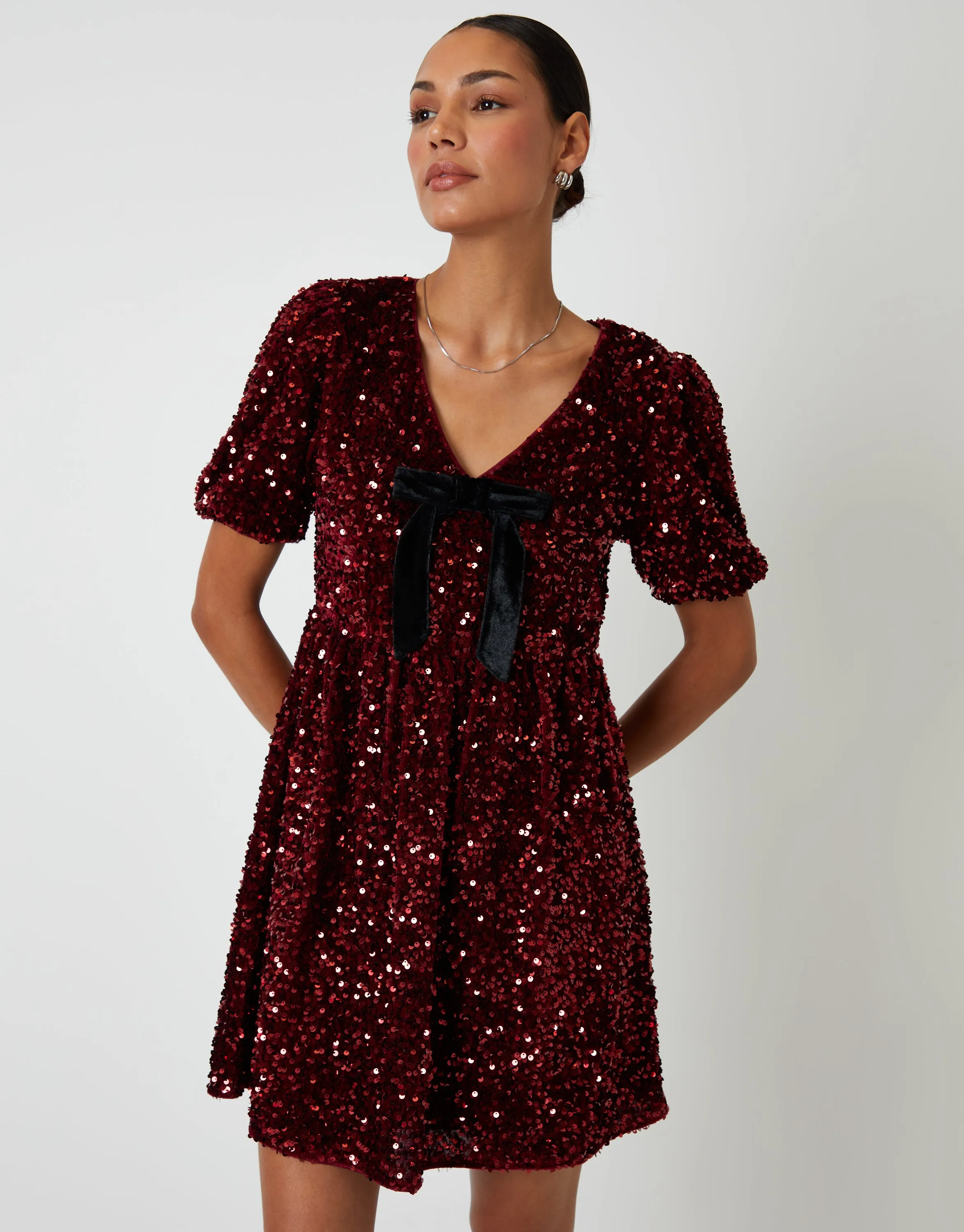 Berry Red Sequin Velour Bow Detail Mini Dress sold by Threadbare product image thumbnail 2