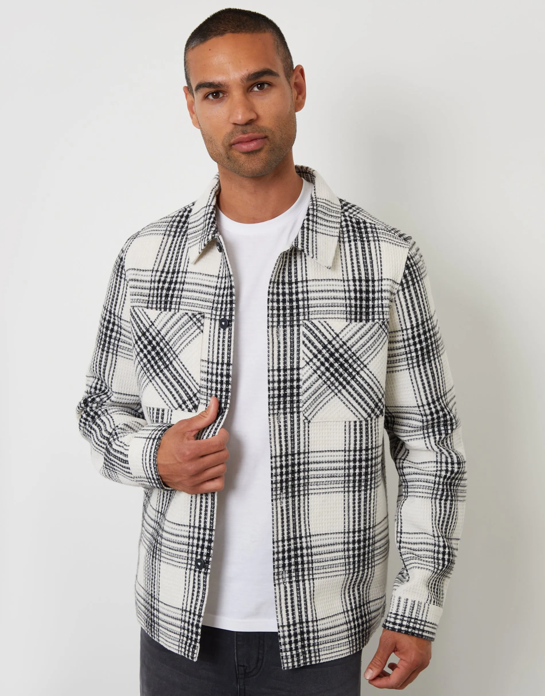 Ecru Check Waffle Textured Shacket sold by Threadbare