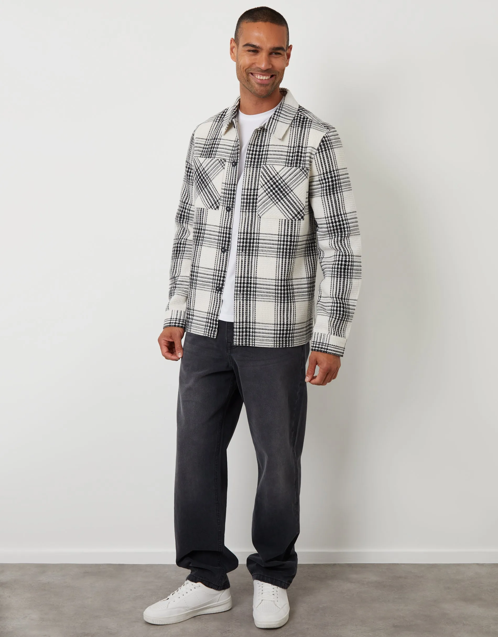 Ecru Check Waffle Textured Shacket sold by Threadbare product image thumbnail 3