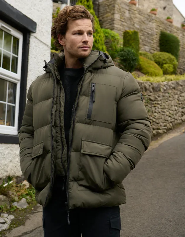 Khaki Green Showerproof Double Layer Puffer Jacket sold by Threadbare
