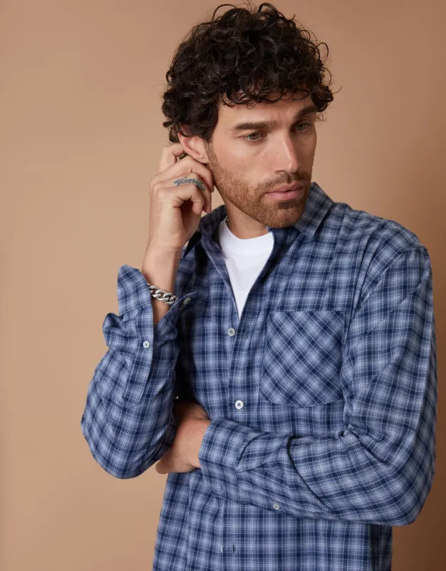 Denim Blue Brushed Check Flannel Relaxed Fit Shirt sold by Threadbare