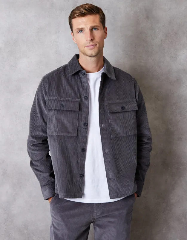 Slate Grey Relaxed Cropped Fit Corduroy Shacket sold by Threadbare