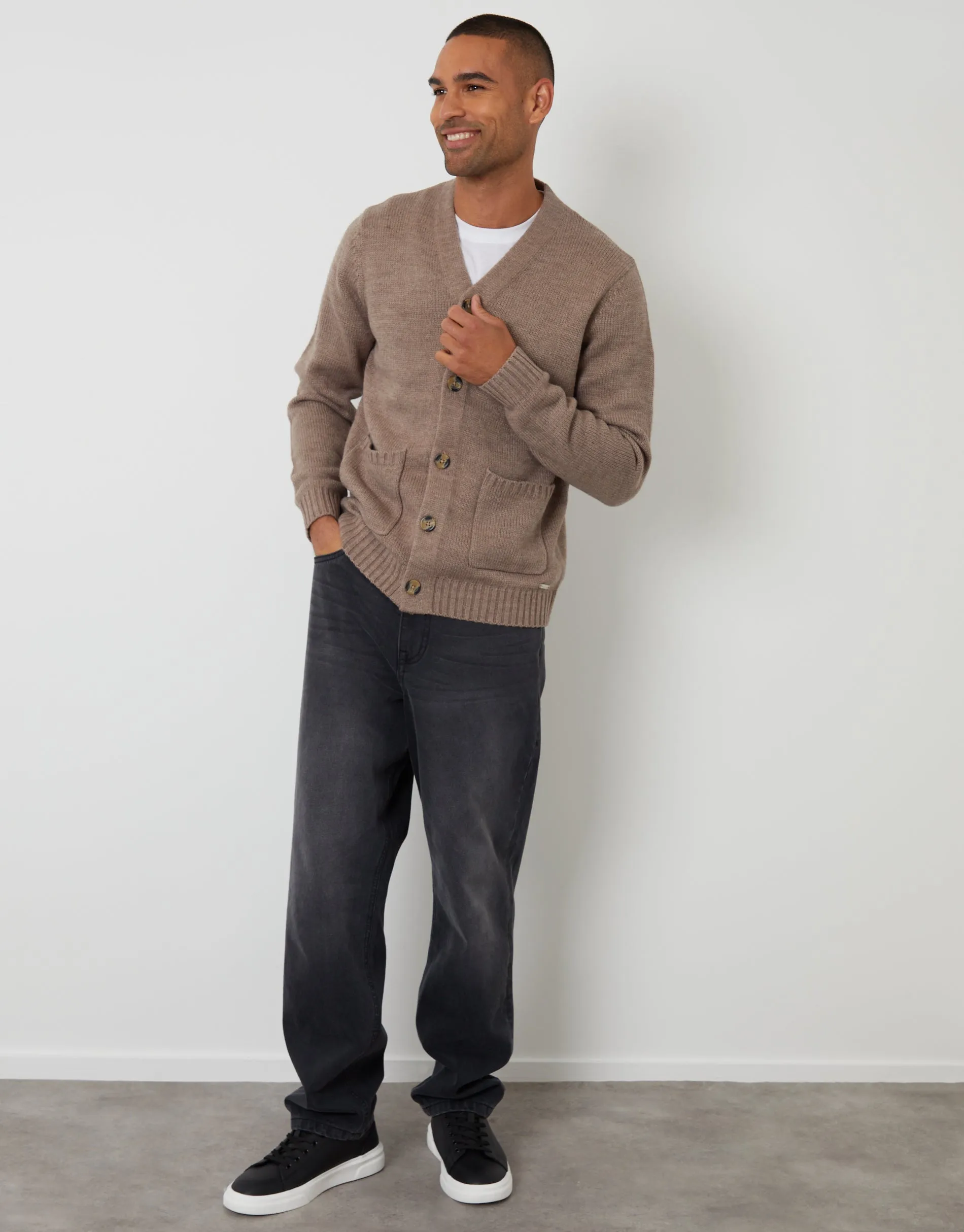 Taupe Knitted V-Neck Cardigan sold by Threadbare product image thumbnail 4