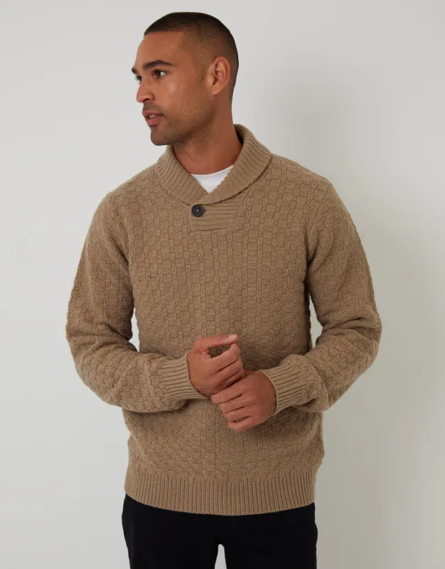 Beige Basket Stitch Knitted Shawl Neck Jumper sold by Threadbare