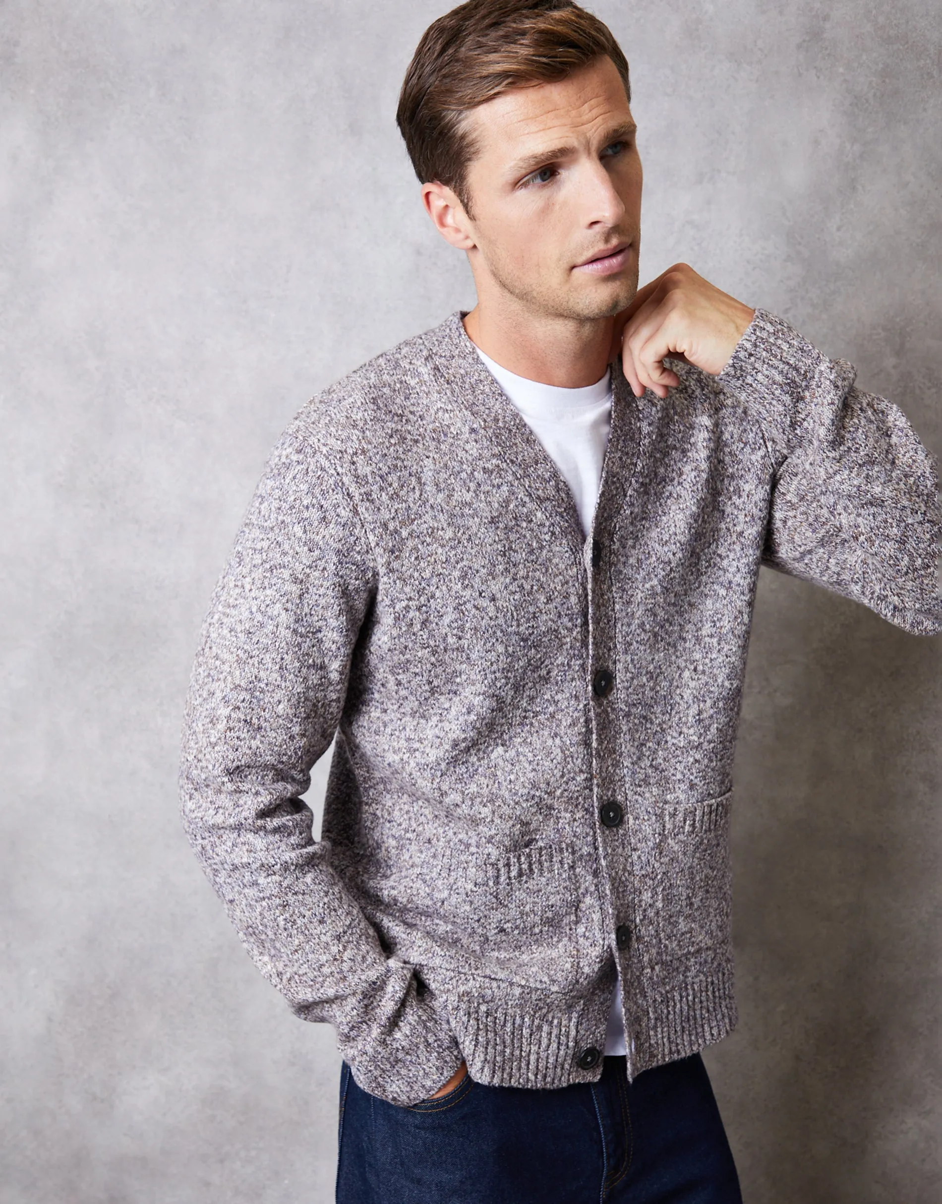 Knitted Button Up Cardigan in Brown Twist sold by Threadbare