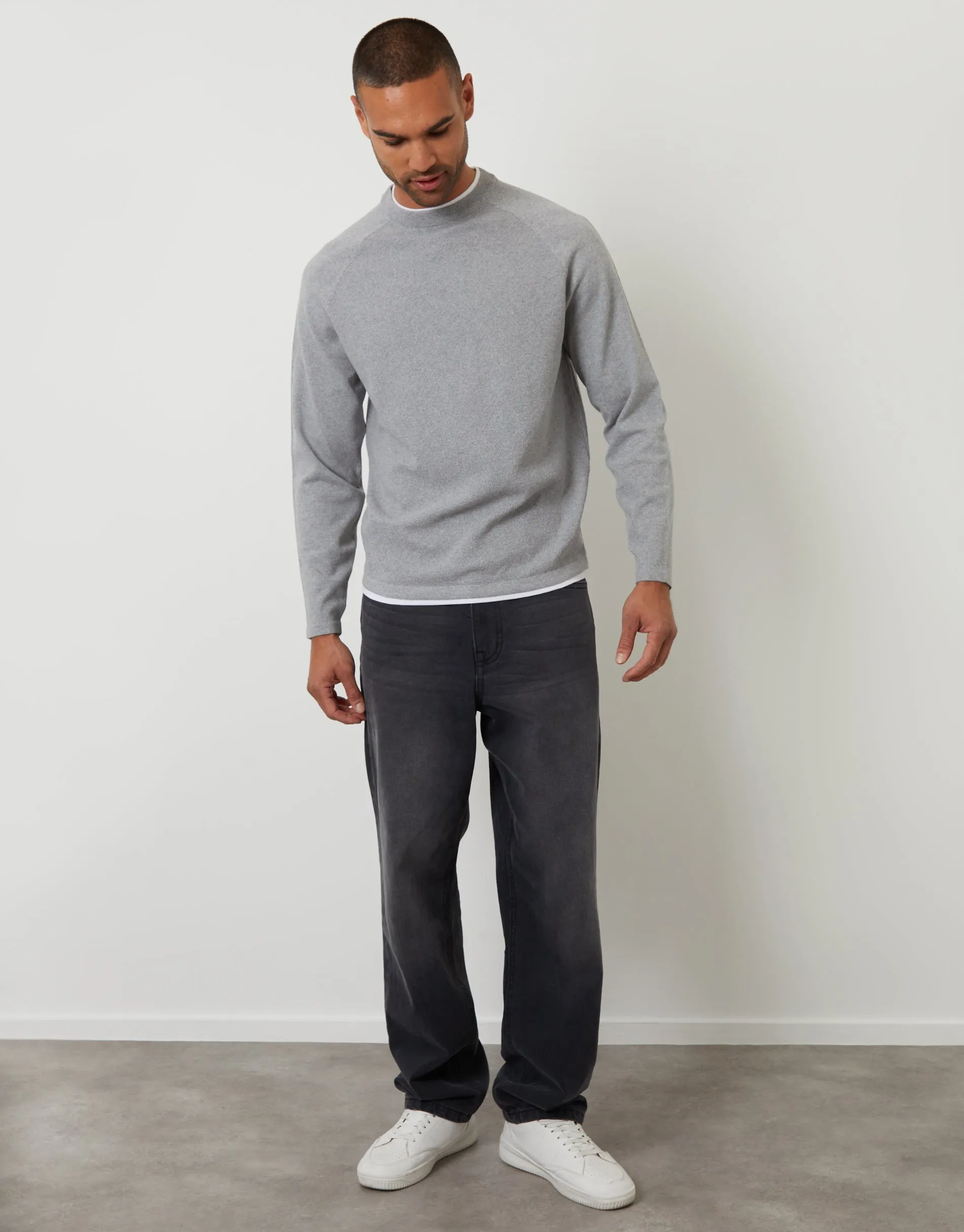 Grey Mock Tee Textured Knit Crew Neck Jumper sold by Threadbare product image thumbnail 3