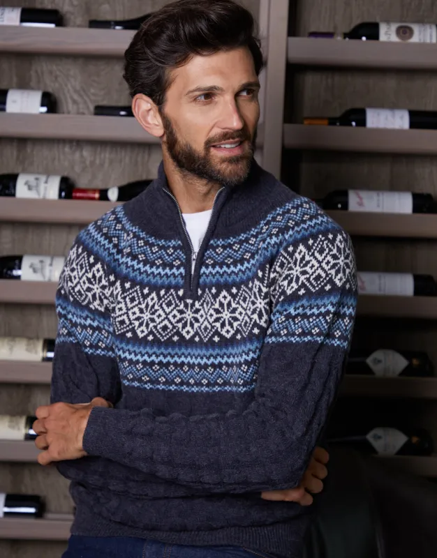 Navy Fairisle Cable Knit Quarter Zip Jumper sold by Threadbare