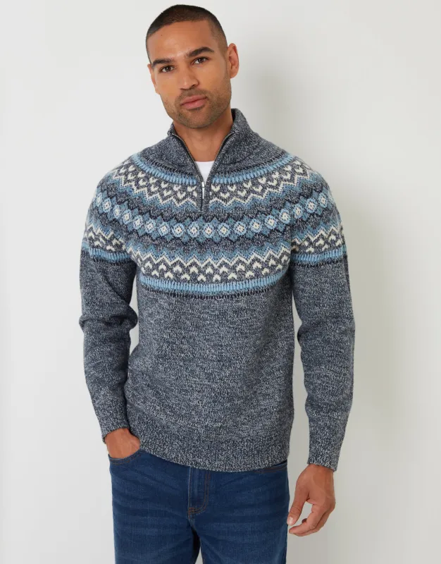 Navy Fairisle Knitted Quarter Zip Jumper sold by Threadbare
