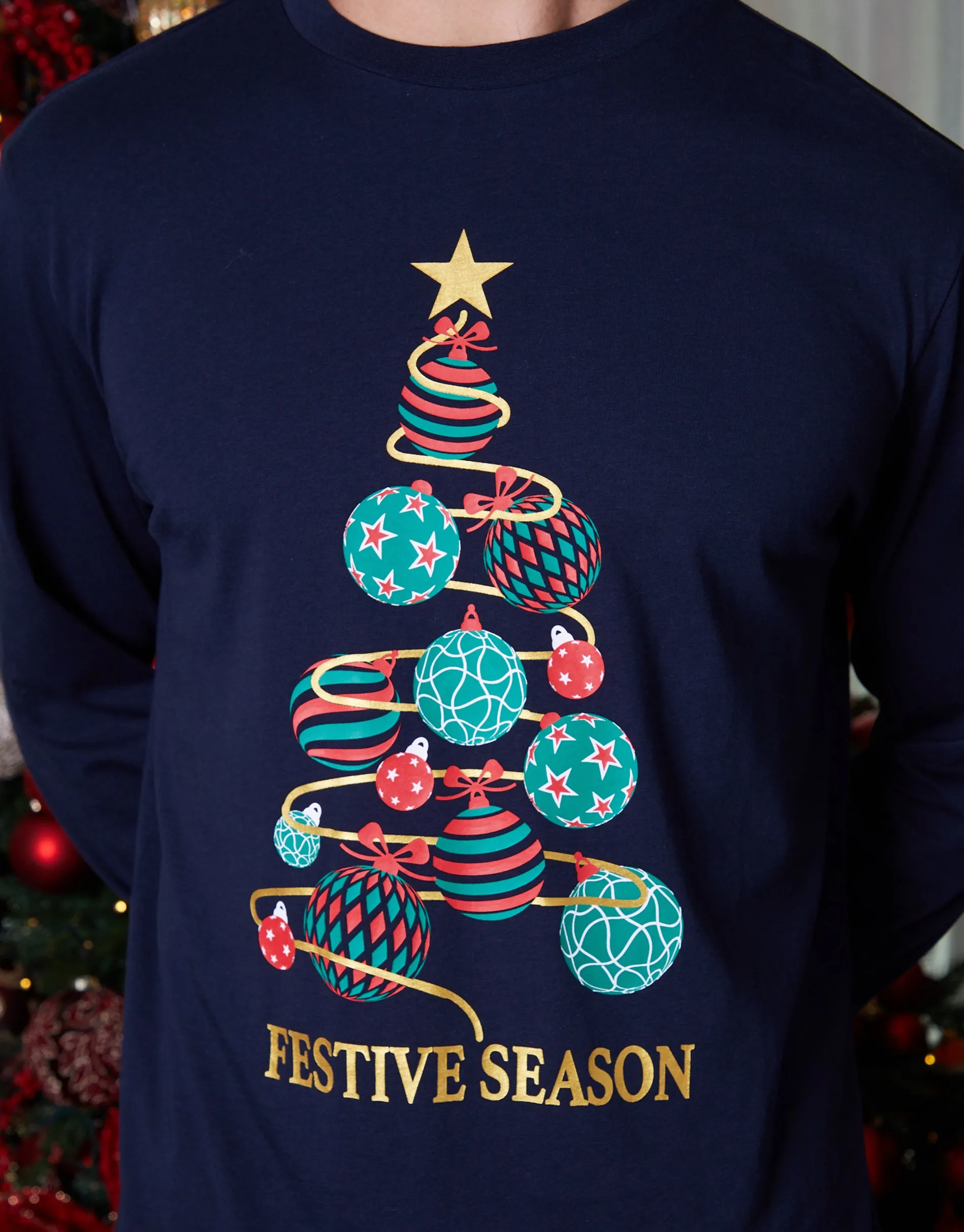 Navy Christmas Tree Graphic Long Pyjamas (2-Piece Set) sold by Threadbare product image thumbnail 4