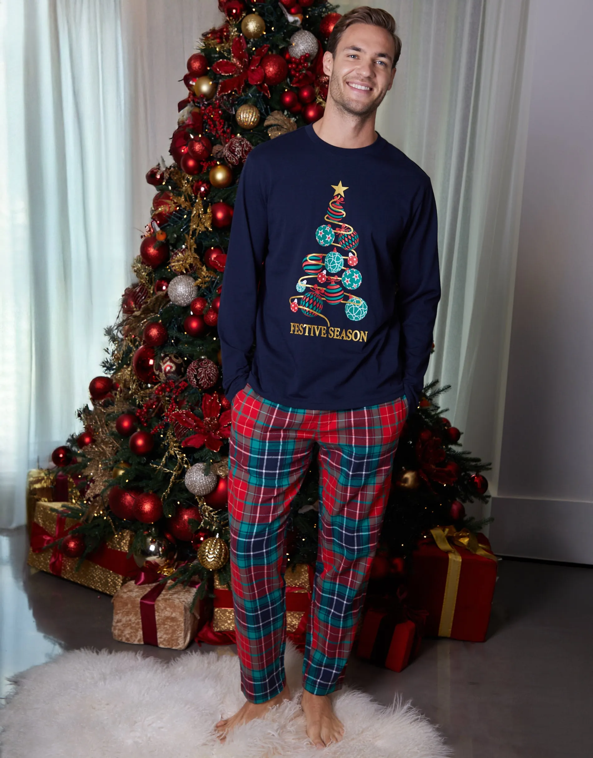 Navy Christmas Tree Graphic Long Pyjamas (2-Piece Set) sold by Threadbare