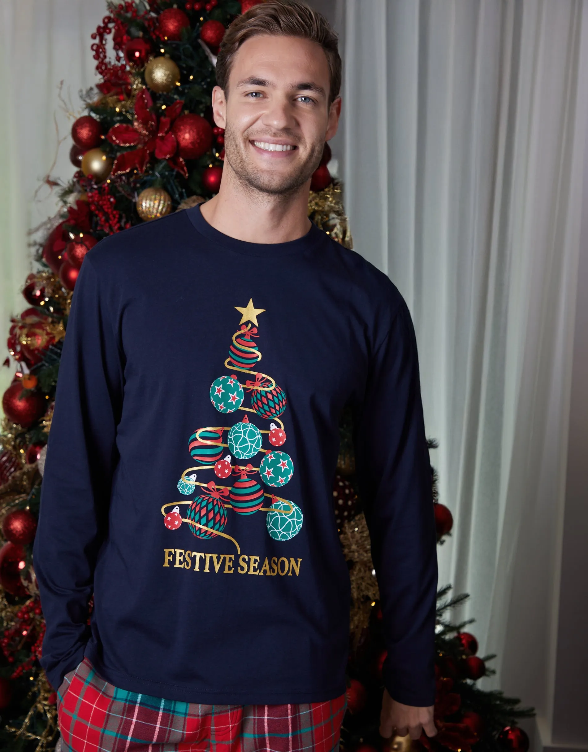 Navy Christmas Tree Graphic Long Pyjamas (2-Piece Set) sold by Threadbare product image thumbnail 3